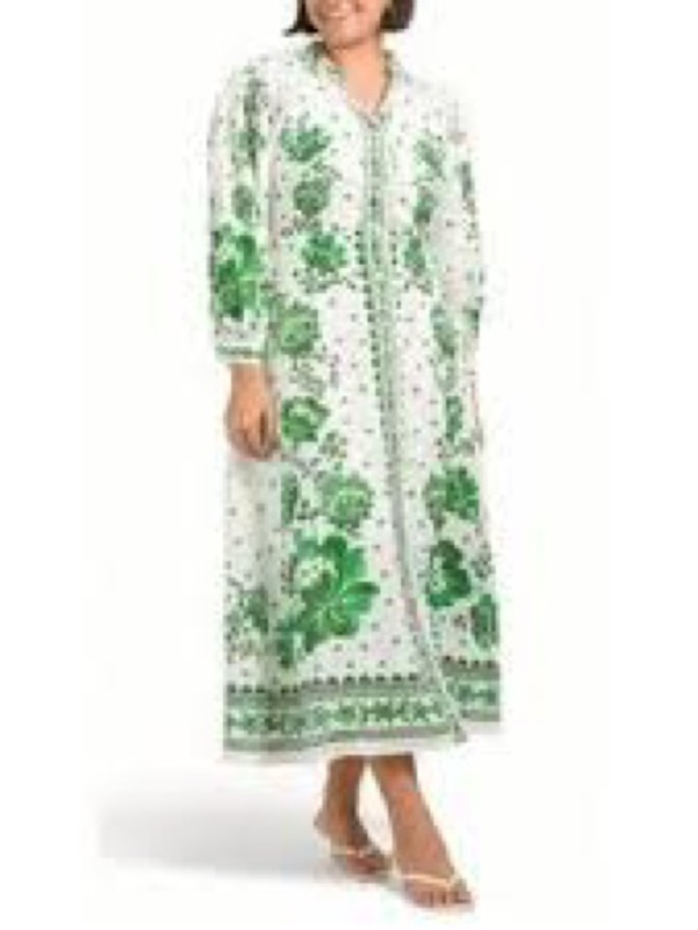 Magaschoni Linen Blend Top with Green Leaf Print and Gold Tag